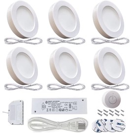 VST Under Cabinet Lighting Plug in with Wireless Touch Dimmer Switch,Recessed or Surface Mount Design,Warm White White 3000K 12V 2W(12W Total, 60W Equivalent),6 Pack White Puck Lights Fixtures…