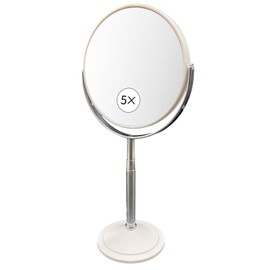 ミラー 卓上 拡大鏡 化粧 メイク 鏡 5倍 老眼 化粧鏡 卓上 手鏡 メイクミラー スタンド スタンド 高さ調整 化粧ミラー 女優鏡 ハリウッド 細部 丸型 ハンド 人気 おしゃれ（5倍拡大鏡・5X） (オフホワイト)【老眼の方向けの鏡】