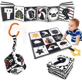 3 Pcs Baby Toys 0-3 Months Black and White High Contrast Newborn Toys, Montessori Toys for Babies 0-6 Months - Infant Tummy Time Sensory Soft Book Toys for Girls Boys Baby Gifts 0 6 9 12 Months