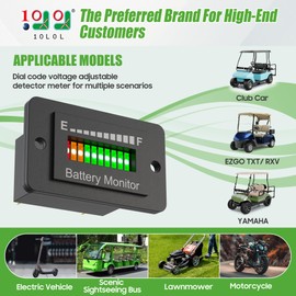 10L0L Golf Cart Battery Monitor Meter, 12V 24V 36V 48V 60V 72V Battery Level Meter for Lead Acid Battery, Waterproof LED Battery Gauge Indicator for for Golf Cart EZGO Club CAR and Most Cars