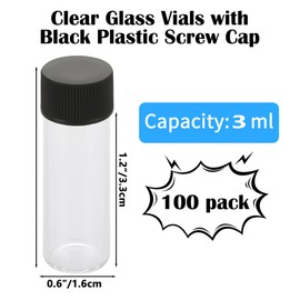 100 Pcs 3ml Clear Glass Vials with Black Screw Caps - Lab Bottles: Chemical Storage, Perfume Samples, Aromatherapy Fragrance Bottles, Lightweight Travel Vials & Powder Containers