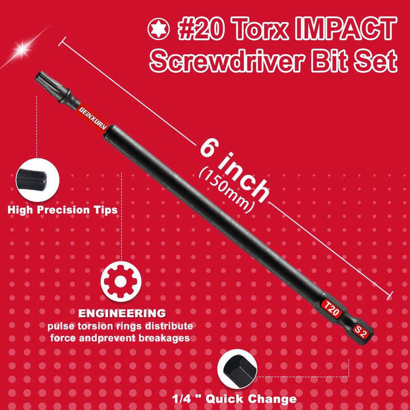 GEINXURN Impact Tough #20 Torx 6 in. Insert Driver Bits,10Pack