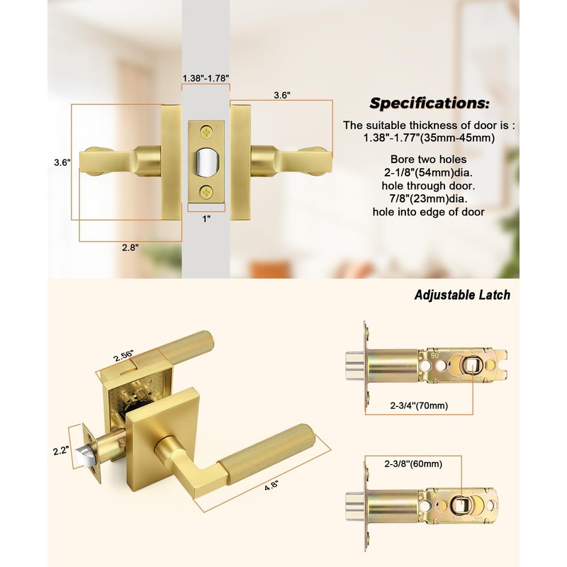 2 Pack Gold Door Handle, Knurled Passage Door Handles for