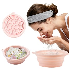 Tazón Para Baño De Hielo Para La Cara, 26.5x23.2x10CM, Lavabo plegable facial de hielo con bandeja de hielo integrada, equeño Lavabo Plegable De Silicona- Rosa