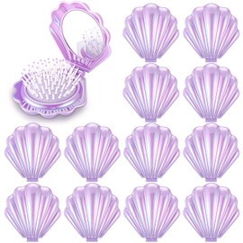 Meanplan 12 Pcs Mini Foldable Travel Hair Brush with Mirror Shell Shape Pocket Makeup Mirror Compact Hair Massage Comb Brush for Women Girls Hairstyles Bridal Shower Gift Party Supplies(Purple)