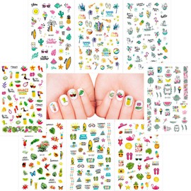 Hawaii Summer Nail Art Stickers Set 250+ Designs for Women Girls Kids, VIWIEU Tropical 3D Fake Nail Decals Self-Adhesive Flamingo Cactus Beach Fruits Palm Tree for Holiday Gift DIY Manicure 8 Pack
