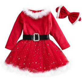 MISOAMISO Kids Girls Christmas Santa Dress, Children One-Piece Santa Costume, Red, Formal, Warm Material, Party Performance (Size 140, 2-Piece Set with Headband)