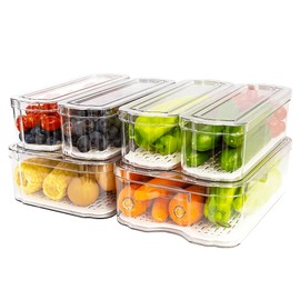 SMRCAD Fridge Organizers and Storage, 6 Pack Clear Freezer Organizer Bins with Lids for Kitchen, Pantry, Refrigerator, Food, Fruit, Vegetable Storage