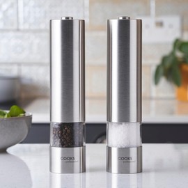 Cooks Professional Cooks Professional Electric Automatic Salt & Pepper Mill Set with Adjustable Grinding, Easy to Refill, One Touch Button Condiment Grinder (Stainless Steel)