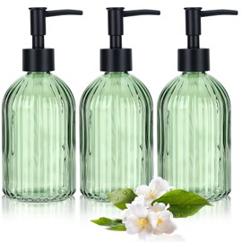 3 Pack Green Glass Soap Dispenser with Black Plastic Pump, 13.5oz Hand Soap Dispenser with Vertical Stripe, Refillable Liquid Soap Dispenser for Modern Home Decor Bathroom, Kitchen Countertop, Hotel