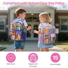 Bagseri Clear Backpack for Kids - 15 Inch Clear Bookbag for Girls Aged 3 to 8 Heavy Duty Transparent Backpack for School, Multiple Pockets, Safe Reflective Strip, Purple Floral