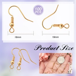 TOAOB 100pcs Earring Hooks Hypoallergenic French Ear Wires with Ball and Coil 18mm K Gold Tone Fish Hook Earrings Making Supplies for DIY Jewelry Making