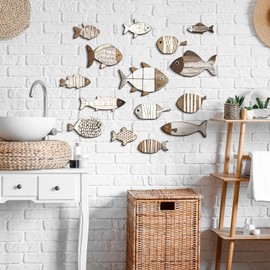 Spiareal 15 Pcs Fish Wall Decor Wooden School of Fish Wall Art Nautical Decor Vintage Hanging Coastal Fishing Sculpture Ocean Theme Ornaments Gifts for Lake House Bathroom Bedroom(Rustic)