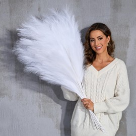 QUBITFUL Faux Pampas Grass Tall, 9 PCS 43''/ 110 cm Large Fluffy White Pampas Grass, Fake Pompas Branches, Long Feathers for Floor Vase, Boho Flower Arrangement for Home Wedding Decor (White)