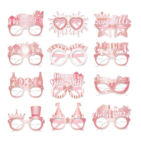 24PCS Happy New Year Eyeglasses for New Year Eve Party, Rose Gold 2024 New Year Glasses Party Favors for Photo Props