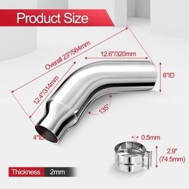 Exhaust Tip Elbow, 4 Inch Diesel Exhaust Pipe Tip 4 to 6 Inch with Clamp, 4" Inlet 6" Outlet 23" Long Chrome Turndown Tip for Trucks, Pickups, Cars