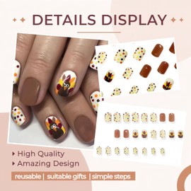 24Pcs Fall Press on Nails Short Square Fake Nails Thanksgiving Turkey False Nails with Polka Dots Designs Full Cover Artificial Nails Turkey French Tips Glue on Nail for Acrylic Manicure Decorations