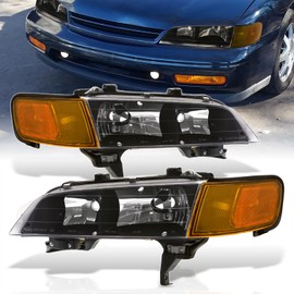 AJP Distributors Black Housing Clear Lens Amber Reflector Headlights Signal Lights Assembly + Corner Lamps Compatible/Replacement For Accord Coupe Sedan CD4 CD5 CD6 CD7 1994 1995 1996 1997 94 95 96 97