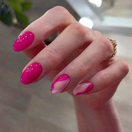Hot Pink Press on Nails Medium Almond Fake Nails Glossy False Nails with Design Swirl Glue on Nails Full Cover Acrylic Stick on Nails Cute Artificial Nails for Women Girls Manicure 24Pcs
