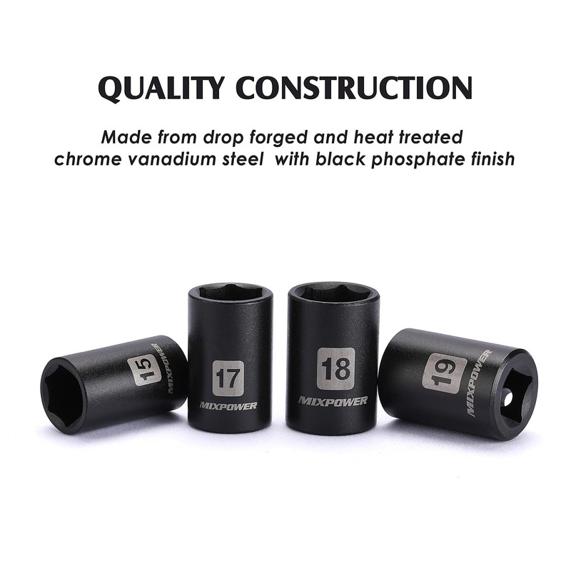 MIXPOWER 14 Pieces 1/2-Inch Drive Shallow Impact Socket Set, 11-32mm,