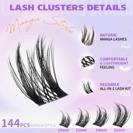 EYDEVRO Manga Lash Clusters Kit Wispy Natural Cluster Eyelash Extensions 10-16mm Anime Eyelash Clusters Kit Lash Extension Kit Soft Thin Band Individual Lashes Lash Bond and Seal Lash Tweezers Brushes