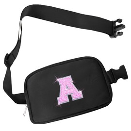 COSHAYSOO Black Belt Bag Small Waist Fanny Pack Crossbody Purse with Initial Letter Patch for Teen Girl Women, Nylon Cross Body Travel Everywhere Chest Pouch Trendy Birthday Christmas Gift (A)