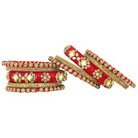 Aheli Kundan Studded 2.6 Inch Red Silk Thread Bangles Set Ethnic Fashion Jewellery Gift for Women