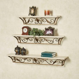 Touch of Class Delia Ivory Wooden and Gold Metal Fleur-de-lis Wall Shelf 36 Inches Wide
