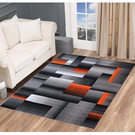 Modern Geometric Abstract Boxes Squares Orange Grey Black Carpet Bedroom Living Room Contemporary Dining Accent (5’ 3” X 7’ 5”)