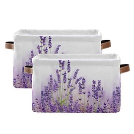 KEEPREAL Lavender Flowers Storage Basket Bin, Large Cube Storage Box Canvas Collapsible Storage Organizer for Home Office Closet - 15 L x 11 W x 9.5 H