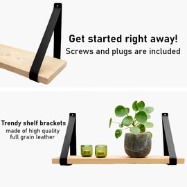 Brute Strength - Leather Shelf Brackets - Black - 2 Pieces - Floating Shelf Set - Wall Brackets - Shelf Straps - Full Grain Leather