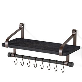 Love-KANKEI Floating Shelf Wall Shelf for Storage Rustic Wood Kitchen Spice Rack with Towel Bar and 8 Removable Hooks for Organize Cooking Utensils or Mugs Black/Brown Brackets