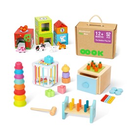 OOOK Montessori Toys for 1 Year Old, 7 in 1 Learning Educational Kit with Sensory Bin,Nesting Box, 3 in 1 Educational Box,Pounding Bench and Baby Stacking Cups