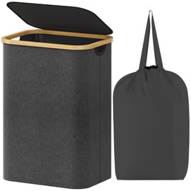 Lifewit 80L Laundry Basket with Lid, Clothes Hampers for Laundry with Bamboo Handles and A Removable Laundry Bag, Large Foldable Laundry Hamper for Bedroom, Bathroom, Dorm, Laundry Room, Dark Gray