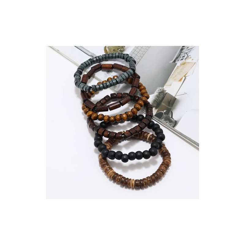MILAKOO 6Pcs Wooden Bracelet Multilayer Grunge Set Stretch Bracelets Wrap