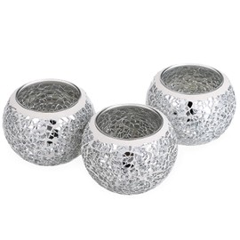 OwnMy - 3 soportes para velas de té de vidrio de mosaico, cuencos redondos, portavelas de pilar, soportes para velas de mosaico, vidrio plateado, portavelas en maceta, jarrón para mesa de comedor, boda