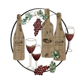 Touch of Class at The Vineyard Metal and Wood Round Wall Art - Burgundy, Green - Three-dimensional Hanging Decor - Grapes, Wine Bottles for Kitchen, Dining Room