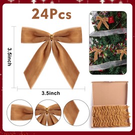 Utehilly 24 Pcs Camel Small Velvet Christmas Bows for Christmas Tree, Wreath, Gift Wrapping, Crafts, Wedding, Party, Twist Tie Bows for Treat Bag Bakery Candy Bags, Home Decor 1" W,3.5 x 3.5 inch