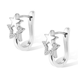 Silver 925 Earrings for Women, Small Hoop Hypoallergenic Star Hoops Earring Silver Zirconia Earrings Small Huggie Hoop Earring Zirconia Star Hoops for Women Girls