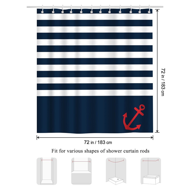 Bonhause Nautical Stripe Shower Curtain, Navy Blue Anchor Bathroom Curtain