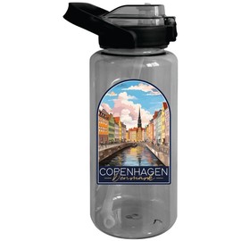 Copenhagen Denmark Design B Souvenir 64 oz Large Water Bottle with Screw-on Top and Straw Single