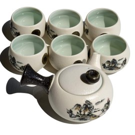 Porcelain Tea Set,Teapot 3oz,Extra 6 Teacup, Anti-scalding Snowflake Glaze Pot Cups Suit Kettle for Loose Tea, Bagged and Flowering Teas (Landscape set)