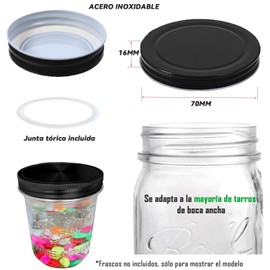 24 Tapas de tarro de acero inoxidable，tapas de conservas con anillos de boca ancha,tapas para conservas de hojalata，a prueba de fugas，material de grado alimenticio (Negro, 86mm)