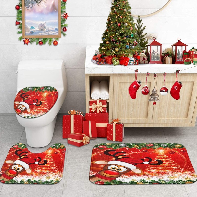 Bribay 4 Piece Christmas Shower Curtain Sets, Christmas Deer Pine