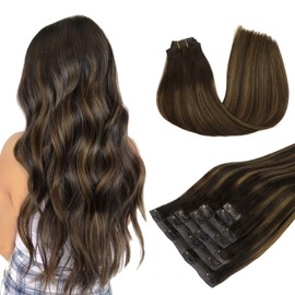 DOORES Seamless Clip in Hair Extensions Real Human Hair, Dark Brown to Chestnut Brown 7pcs 24 Inch 160g, Seamless Clip in Hair Extensions Remy Hair Thin Weft Hair Invisi Edge Hair Extensions