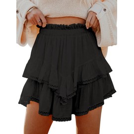 Aoudery Flowy Shorts for Women Casual Boho Ruffle Tiered Skorts High Waist Mini Skirts Golf Tennis Butterfly Crochet Shorts - Black XL