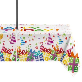 Horaldaily Birthday Outdoor Tablecloth 60×84 Inch, Happy Birthday Gifts Seasonal Table Cover with Zipper Umbrella Hole for Party Dinner Patio Garden Picnic BBQ