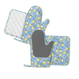 Oven Mitts Pot Holders Set Watercolor Lemon Flower Blue Silicone Kitchen Gloves Potholders Heat Resistant for Chef Baking Cooking Grilling BBQ 4 Pack Mitt
