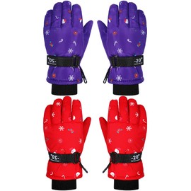2 Pairs Kids Mittens Children Winter Snow Waterproof Thick Warm Windproof Gloves for Girls Boys (Red and Purple Snowflake Style,3-6 Years)