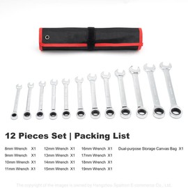 12Piece Ratcheting Wrench Set | Metric | Ratchet Combination Wrenches Set With Organizer| 72-Teeth | Chrome Vanadium Steel | 8-19 _x0008_mm Heavy Duty Hardware, car repair tool